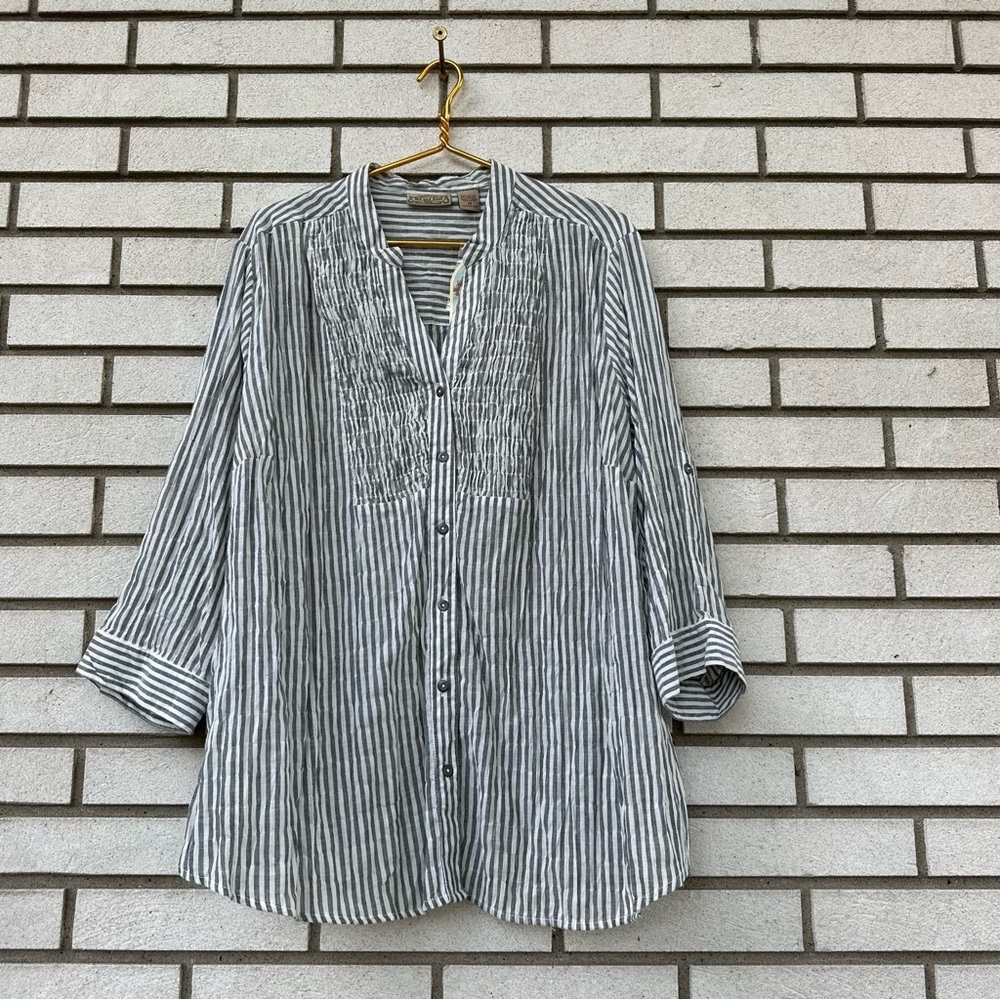 Art and Soul Woman 3X Black White Stripe Smocked Cotton Tunic Top Blouse NWT